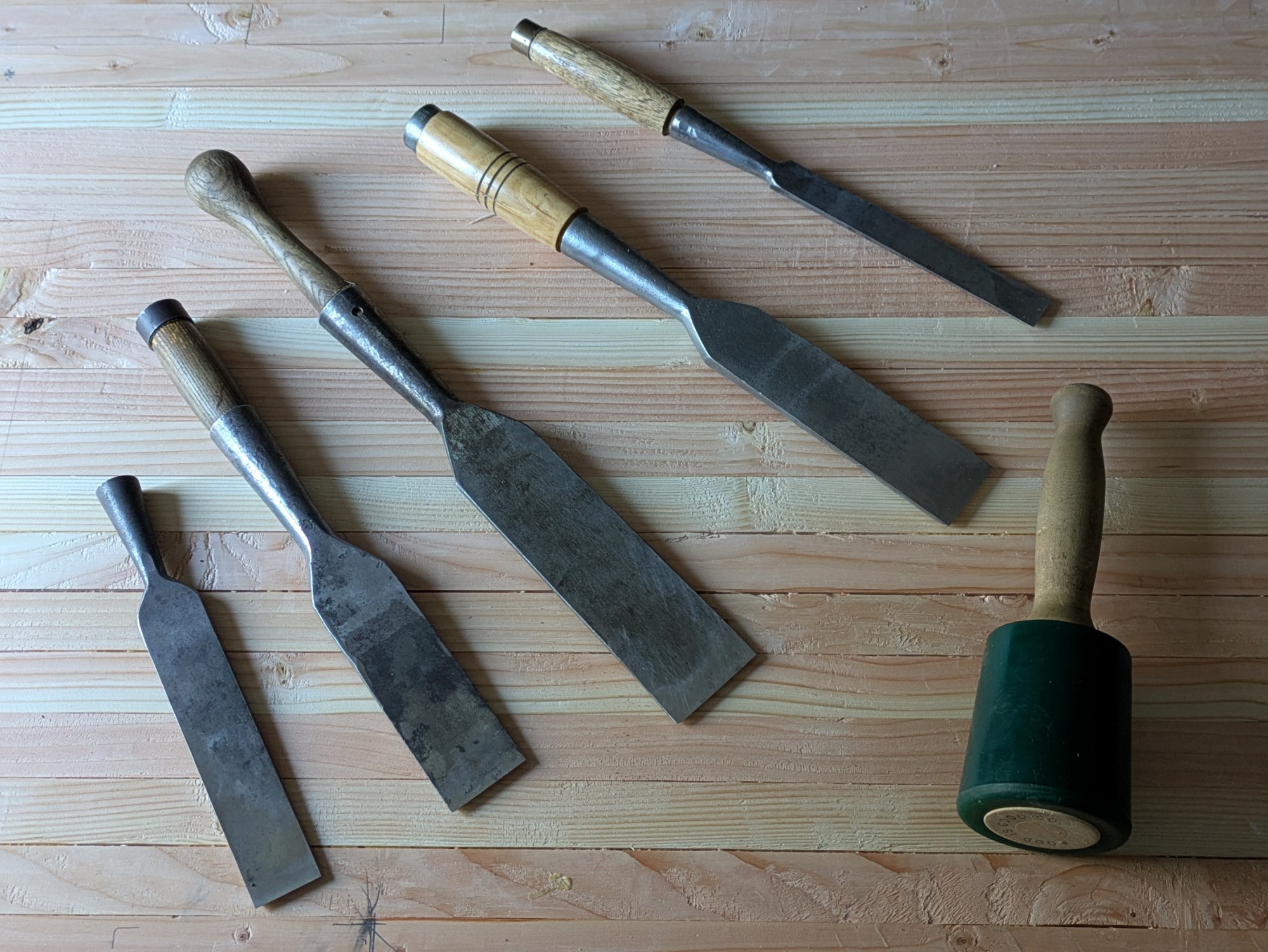 Traditional timber framing chisels and mallet
